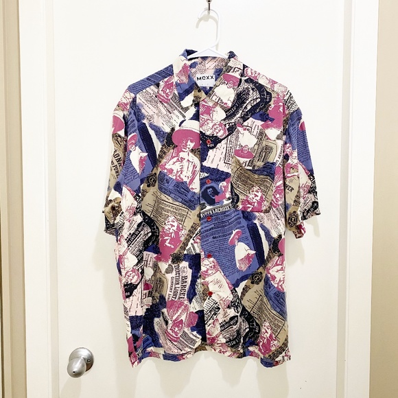 Mexx Unisex Button Up Vintage Print Pink Blue 40 L - Picture 1 of 10